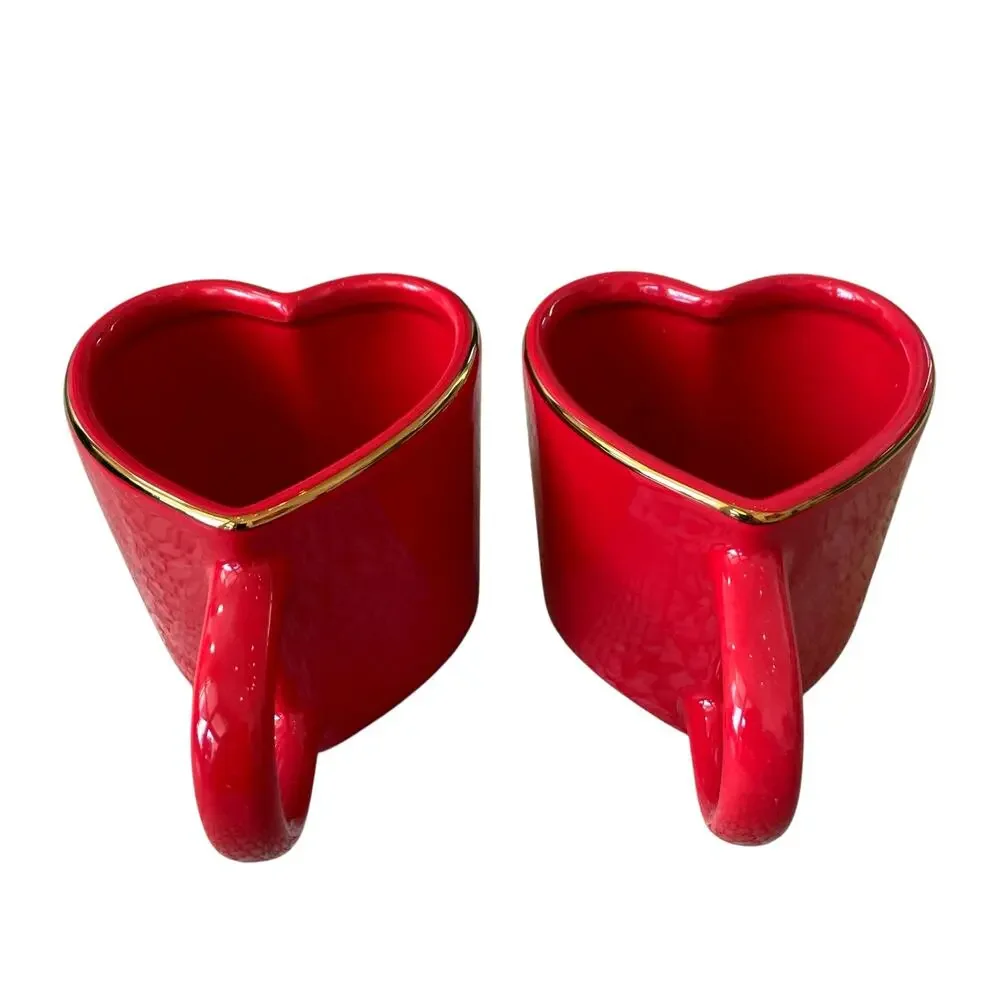 Target Threshold Heart Shaped VALENTINE Mugs Red Gold Rim 14.3oz Set of 2 New